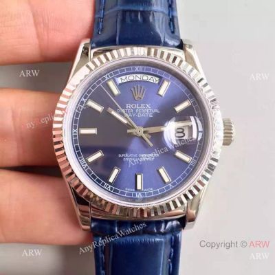 Rolex SS Day Date Oyster Watch Blue Dial Blue Leather Replica